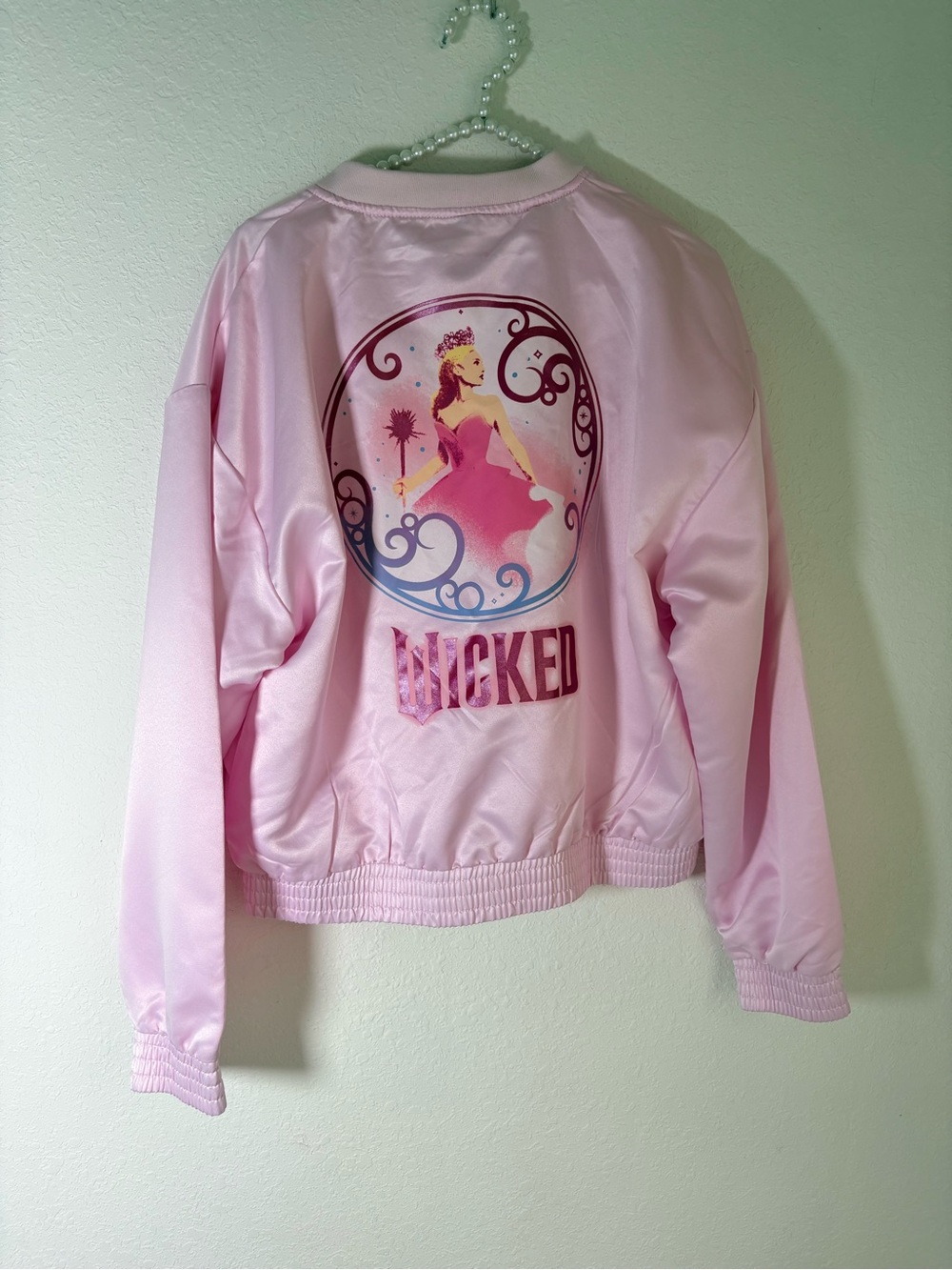 Universal Pink Satin Bomber Jacket with 'Wicked' Back Graphic xxl pristine